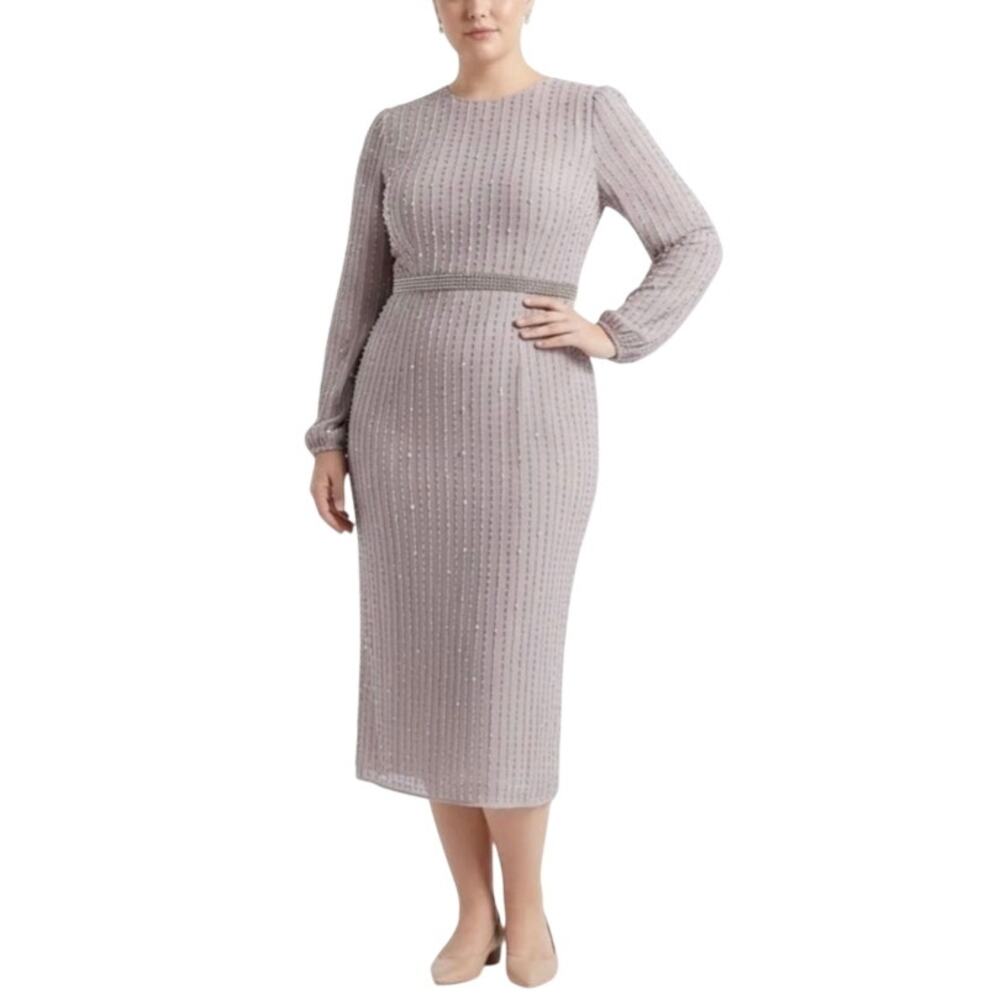 Mac Duggal Beaded Chiffon Long Sleeve Midi Sheath Cocktail Dress Purple Size 18